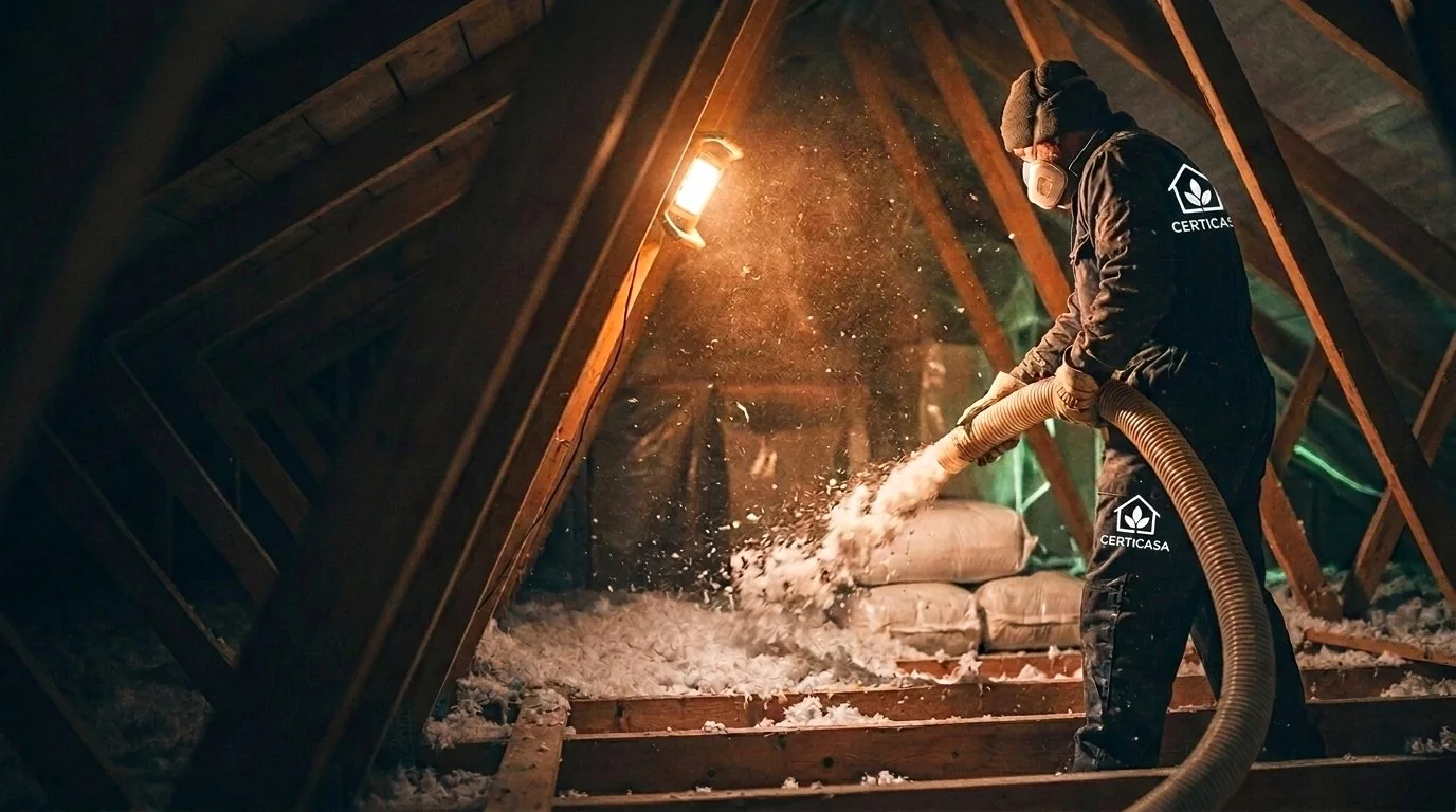 Técnico de EcoVivienda proyectando lana mineral soplada en una buhardilla
